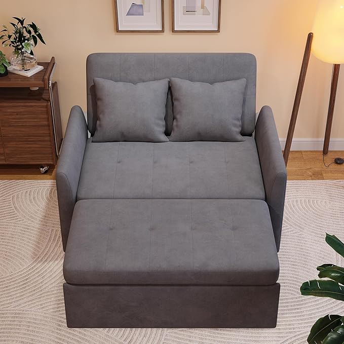Sleeper Sofa Bed 3 in 1 Convertible Sleeper Couch Bed Pull Out Small Loveseat Sofa Futon Sofa Bed 46 Velvet Love Seat with Pillow and Phone Holder for Living Room Grey