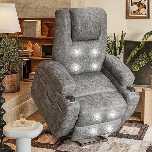 Electric Power Lift Recliner Chair with Massage for Elderly Corduroy Fabric Recliner Single Sofa with Cup Holders Side Pockets and Remote Control for Living Room Bedroom (Leathaire Light Gray)
