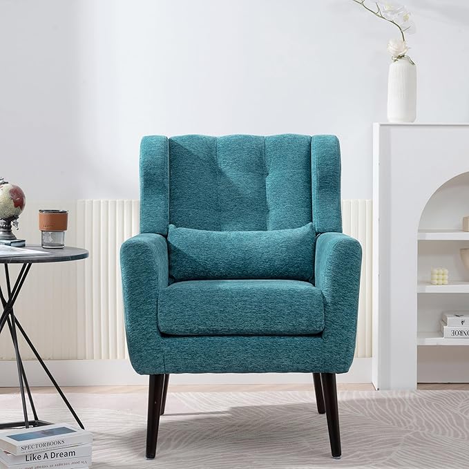 Generic Modern Accent ChairChenille Arm Chairs for Living RoomUpholstered Mordern ArmchairComfy Soft Padded Lounge Chair in Small Space Bedroom w/Pillow Solid Wood Leg (Teal)