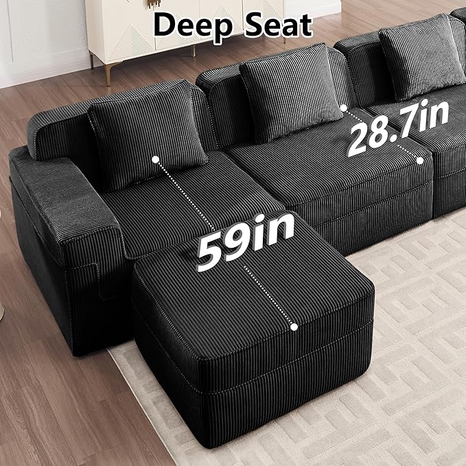 Sectional Cloud Boneless Sofa Couches for Living Room-81 Black 3 Seater L-Shaped Modern Lounge Couch No Assembly Required Corduroy Sleeper Sofas with Ottoman