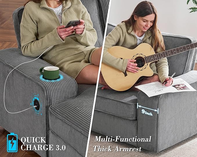 PaPaJet U Shaped Couch 112 Inch Oversized Couch with Storage Chaise Sectional Sofa with Cup Holders &amp 2 USB Ports Corduroy Grey Sofa