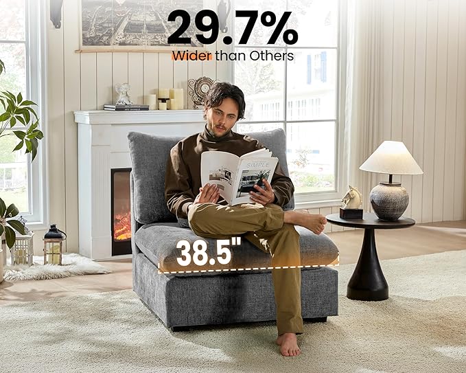 CHIC HOUSE Module for Modular Oversized Couch Corduroy Customizable Chaise Chenille Fabric Ottoman for Sectional Sofa Upholstered Convertible Seater Corner (Single Seater Chenille-Grey)