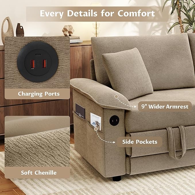 SUNWAVE Oversized Loveseat Sleeper Sofa 77 Convertible Sofa Bed 2-Seat Pull Out Couch w/USB Chenille Queen Folding Sofa Bed for Living Room Small Spaces Bedroom (Chestnut)