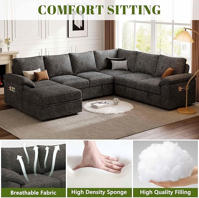 108 Inch Sectional Sleeper Sofa with Pull Out Bed U Shaped 7 Seat Modular Sectional Sofa with Storage Sectional Couches for Living Room Cloud Modular CouchRemovable Sofa Cover Dark Grey