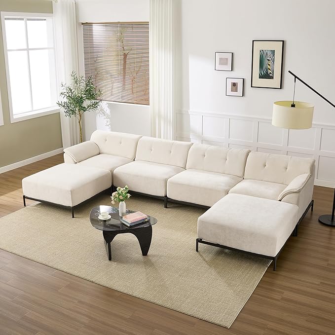 VKNOW 106 Couches for Living Room Modular Sectional Sofa with Wide Armrests and Solid Iron Frame Compressed Couch for Living RoomOfficeChenille FabricBeige