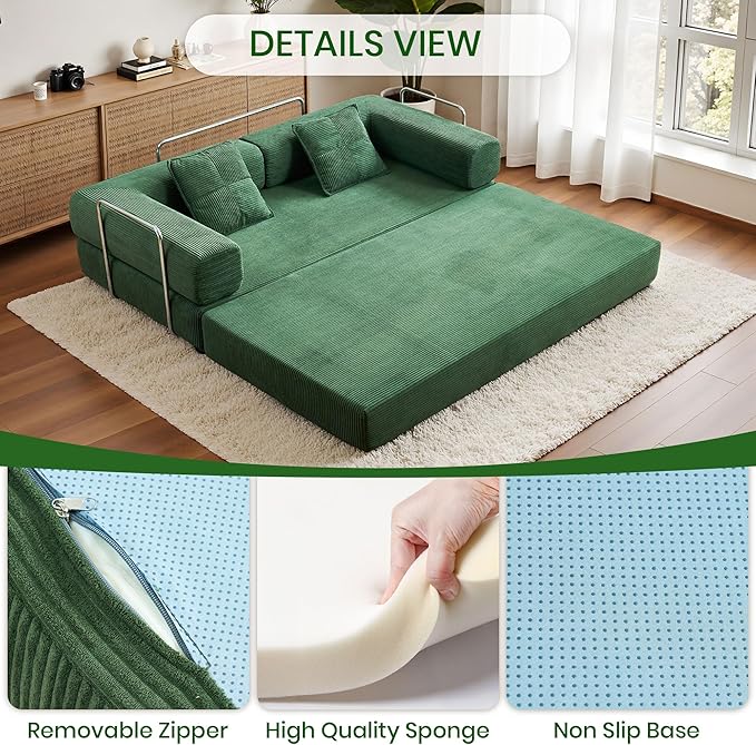 Compression Sofa - 78''Convertible Floor Sofa Bed - with Pillow Back Support Armrest - Comfy Foldable Sofa Bed Compressed Sofa in Box - Corduroy Fabric - for Living Room Bedroom (Emerald)