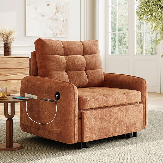 3-in-1 Convertible Sleeper Chair Bed Multi-Functional Chenille Single Sofa Bed with Storage Pockets and Box 80 Extra Long Pull Out Sleeping Lounge Chair for Living Room &amp Apartment (Orange35)