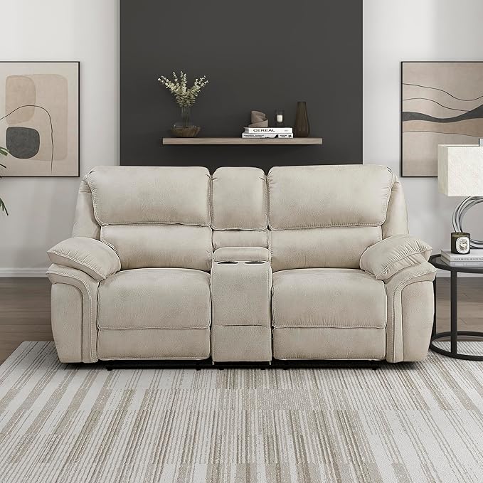 Lexicon Manual Double Reclining Loveseat with Center Console Polished Microfiber Wall Hugger Loveseat Recliner for Living Room Cup Holders Foam Over Pocket Coils Seats Pillow Top Arms Sand