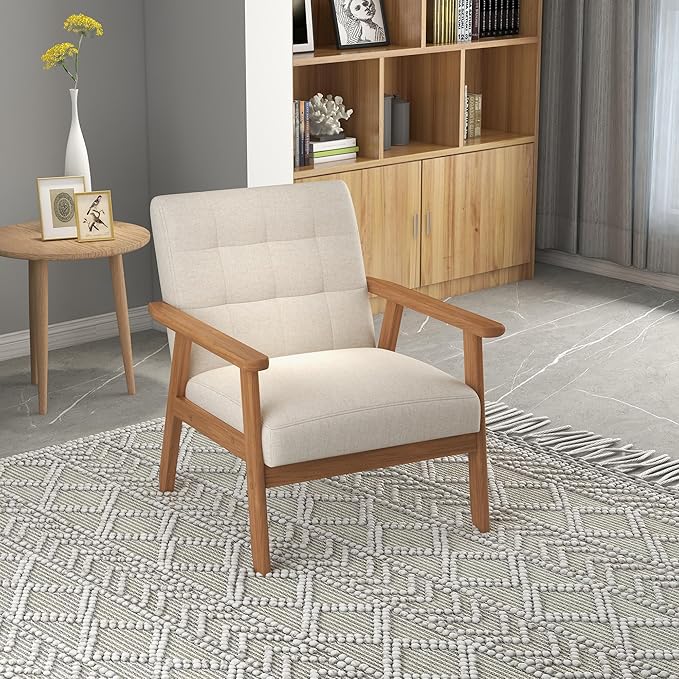 Westice Accent Chair Set of 2 Mid-Century Modern Living Room Chairs with Solid Wood Frame &amp Soft Thicken Cushion Upholstered Arm Reading Chair for Bedroom Balcony Beige Linen Fabric &amp Natu