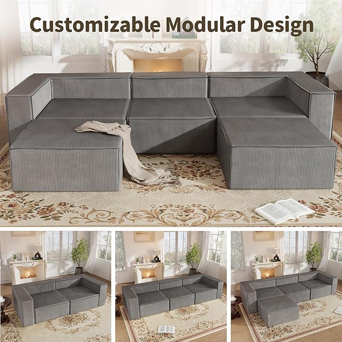 DONICK Premium Modern Modular Sectional Comfy Cloud Couch Corduroy Sofa with Deep Seat Upholstered Couches DIY Combination No Assembly Required for Living Room Bedroom Gray Ottoman