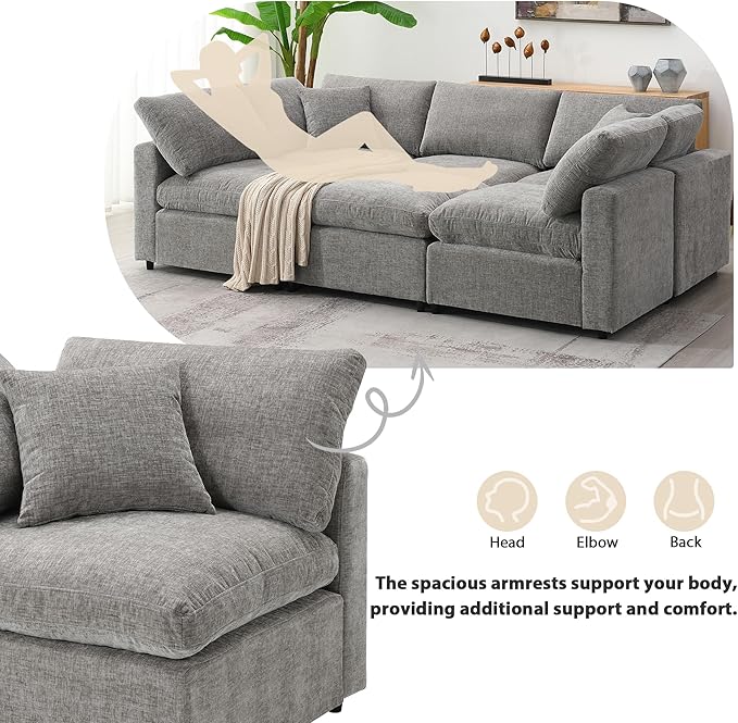 130-Inch Sectional Modular Cloud Sofa Couch Oversized 6 Seat Upholstered Chenille U Shaped Sofa Couches with Movable Ottoman 2 Throw Pillows for Living RoomOffice