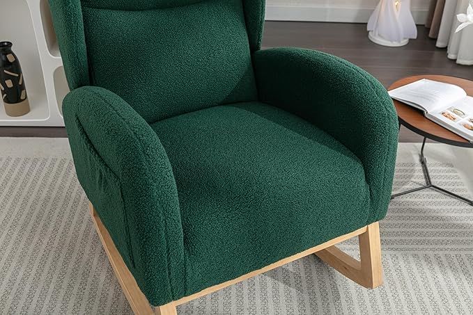 Green Teddy Fabric Rocking Chair with Wooden Legs Comfortable Armchair for Living Room Bedroom Lounging