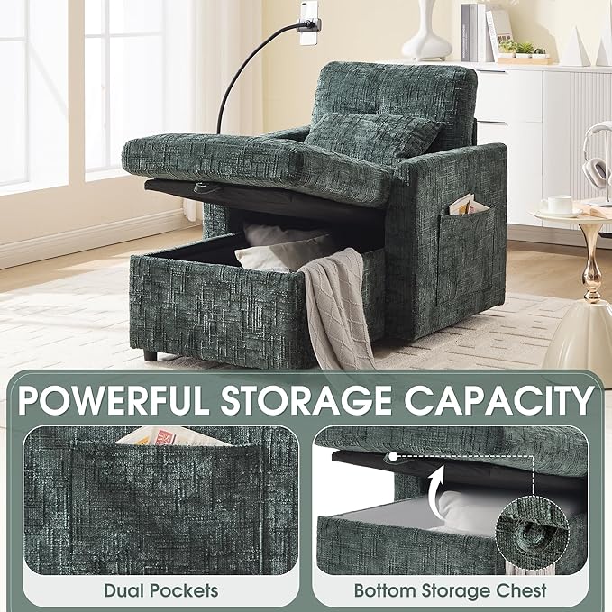 HOMEFUN Sleeper Chair Bed Lazy-Friendly Indoor Chaise Lounge with Storage Cell Phone Bracket Multifunctional Sofa for Bedroom Living Room Small Space Adults