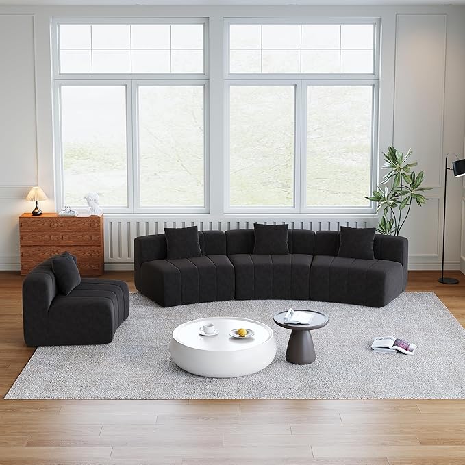 KEIKI Chenille Curved Sectional Sofa 4 Seat Symmetrical Modular Semi Circular Couch Deep Seat Tufted Corner Sofa for Living Room Office Black