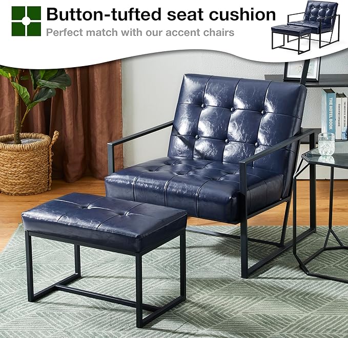 Glitzhome Accent Chairs with Ottoman Mid Century Modern Lounge Armchair with footrest with PU Leather &amp Metal Frame for Living Room Bedroom Apartment Office Navy Blue
