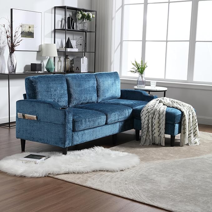 L Shaped Couch with Storage Ottoman 77 Chenille Small Sectional Couches with 2 Cup Holders &amp Storage Pocket for Small Space Comfy Cloud Sectional 3 Seater Couch Blue