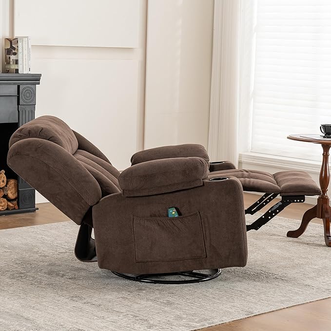 Rocker Swivel Recliner Chair for Adults Overstuffed Large Manual Recliner Glider with Massage and Heat Comfy Soft Fabric Living Room Reclining Sofa Chair (Warm Cocoa)