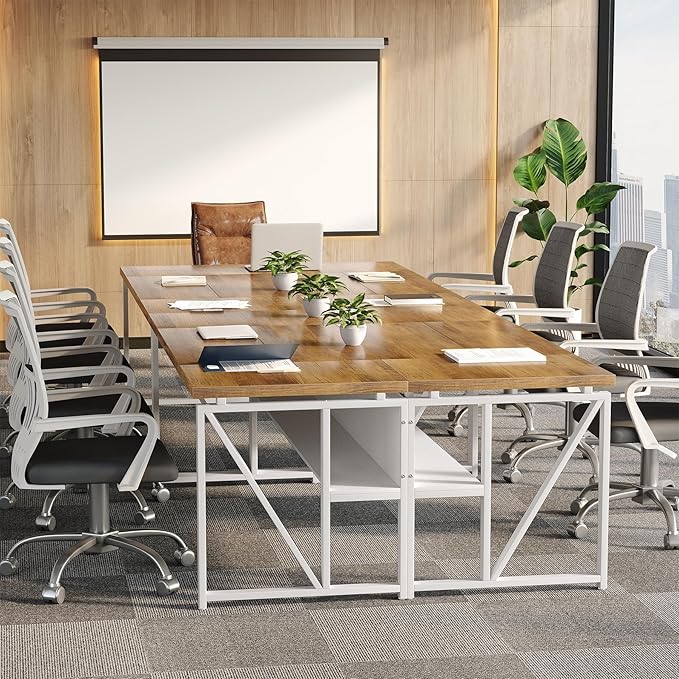 LITTLE TREE 63-Inch Executive Office Desk Large Computer Desk with Storage Shelf Executive Desk with Metal Frame Thickened Desktop Study Writing Desk Work Station for Home Office Rustic + White