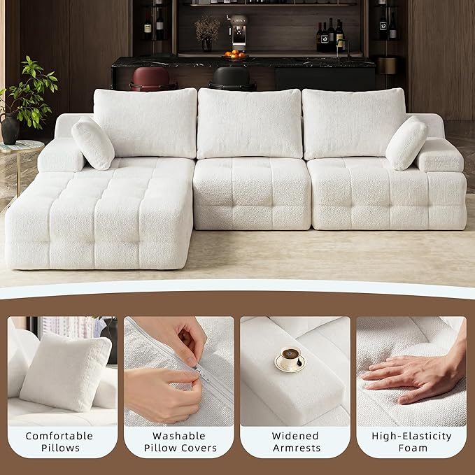 110 Cloud Sectional Couches for Living RoomModern Convertible L-Shape Couch with Ottoman 3 Seater Chenille Fabric Comfy Cloud Couches with Movable Ottoman White