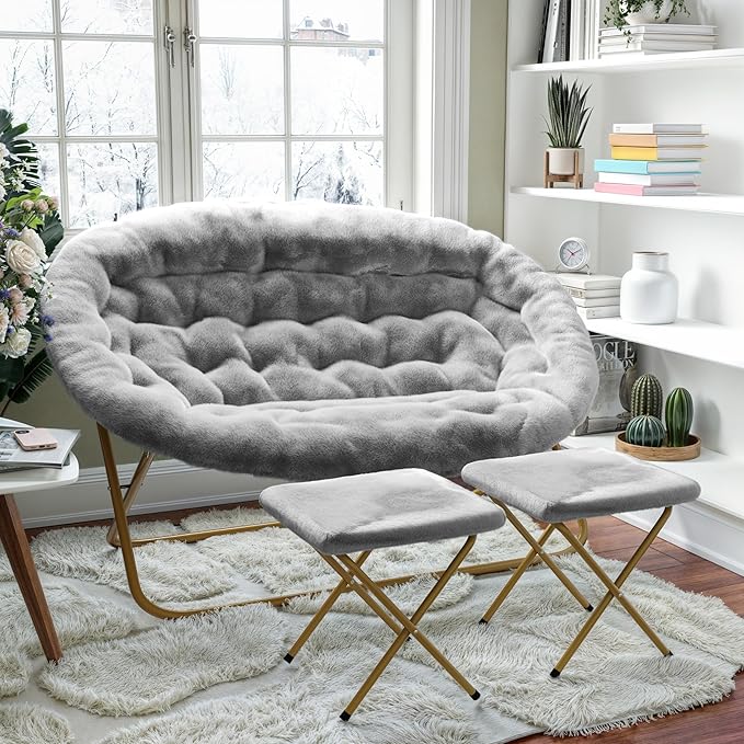Flash Furniture Eleanor Portable Double Saucer Chair with 2 Ottomans Folding Steel Frames for Dorm or Bedroom 56 Gray Faux Fur/Soft Gold Frame