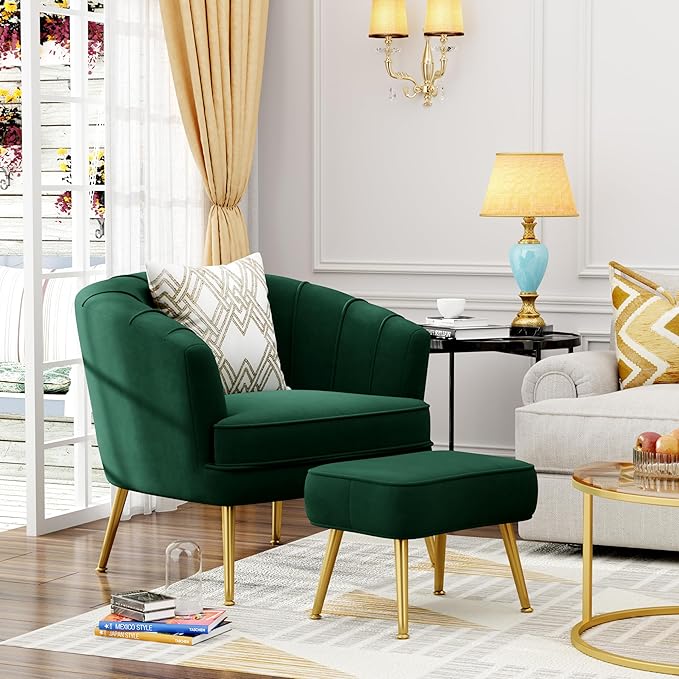Velvet Accent Chairs with Ottoman for Living Room Bedroom Office Leisure Upholstered Single Sofa Chair Arm Chair Comfy Chair Reading Club Coffee Chair with Metal Legs Green