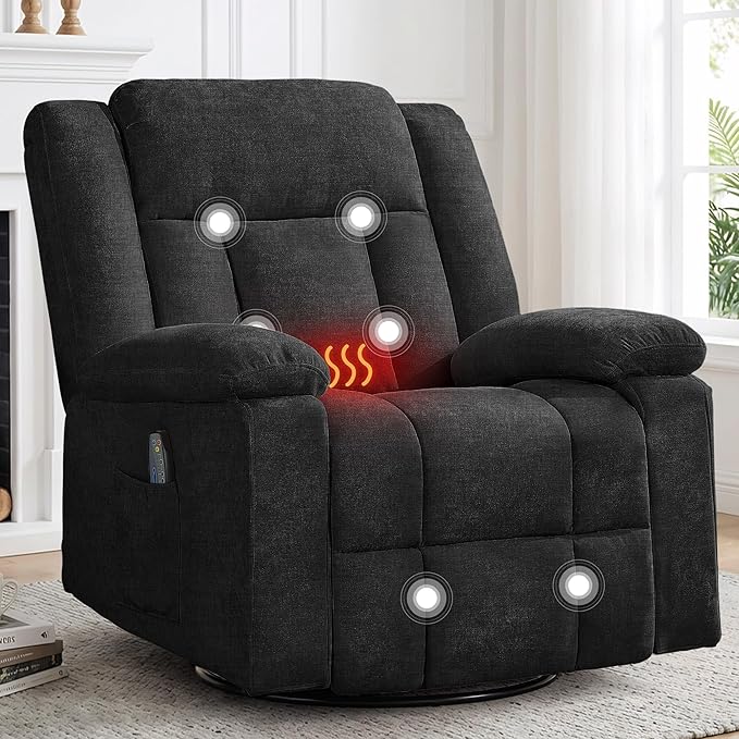 Rocker Recliner Chair for Adults 360° Swivel Rocker Recliner with Massage and Heating Nursery Rocking Chairs with Side Pockets Manual Reclining Chair for Living Room Bedroom or Nursery