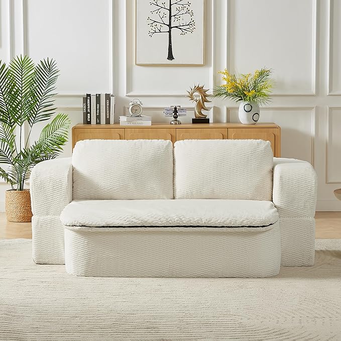 KEIKI 74.8'' Convertible Sleeper Sofa Bed Modern Folding Futon Couch with Cushion Blanket Floor Foam Compression Sofa Bed Couch for Living Room Bedroom Apartment No Assembly Required Beige