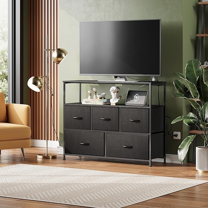 WLIVE Black Dresser for Bedroom with 5 DrawersFabric Dresser TV Stand with Charging Station Chest of Drawer with Open Shelves for 45 inch TV Storage Dresser for Living Room Closet Entryway