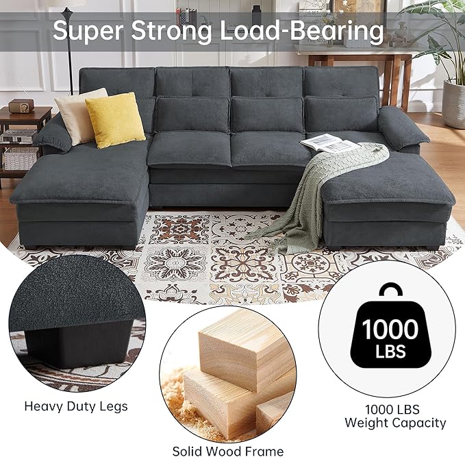 110 Sectional Couches for Living Room 4 Seat U Shaped Couch with Double Chaise Modular Cloud Sofa Removable Cover Modern Comfy Sofa for Home Furniture Office and Basement