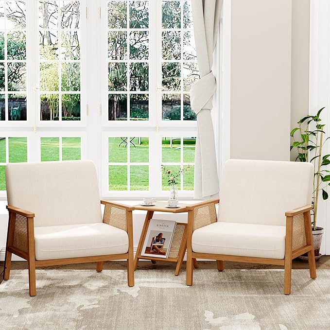ALISH Mid-Century Modern Accent Chairs Upholstered Living Room Chairs Armchairs with Rattan Arms and Wooden Legs for Living Room Bedroom (Beige Set of 2)