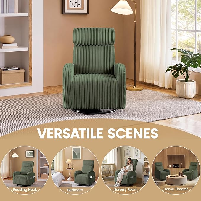 Yaheetech 360° Swivel Glider Chair for Nursery Rocking Chair Nursing Chair with Side Pockets Corduroy Glider for Living Room with High Back Dark Green