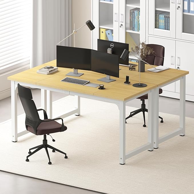 NSdirect 63 Computer DeskLarge Home Office Desk Wide Workstation 1 inch Thicker Tabletop for WritingGames and Home Work PC Desk Modern Finish Wood Board and Sturdy Steel LegsOak+White