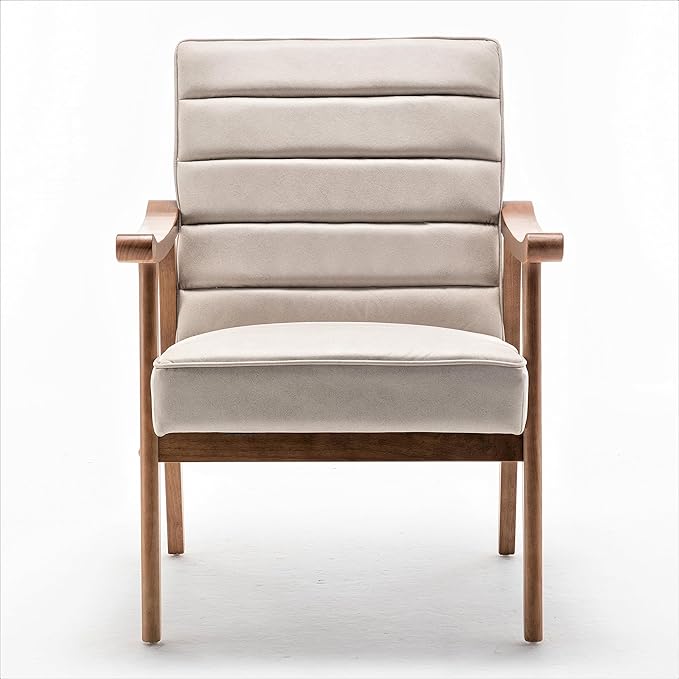 Unique Mid Century Modern Accent Chair with Open-Framed Armchair Design Plush Foam Cushioning and Leather-Look Microfiber Seat and Back Cushions Beige