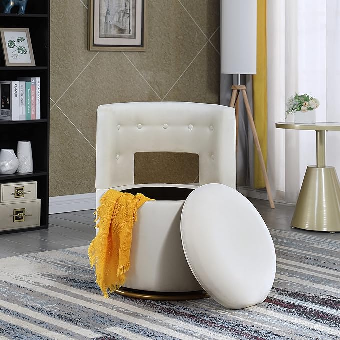 360° Swivel Accent Chair with Hide Storage FunctionModern Velvet Curved Barrel Chair with Gold Metal Base Back Vanity Chair for Living Room NurseryBedroom Upholstered Leisure Chair (Beige)