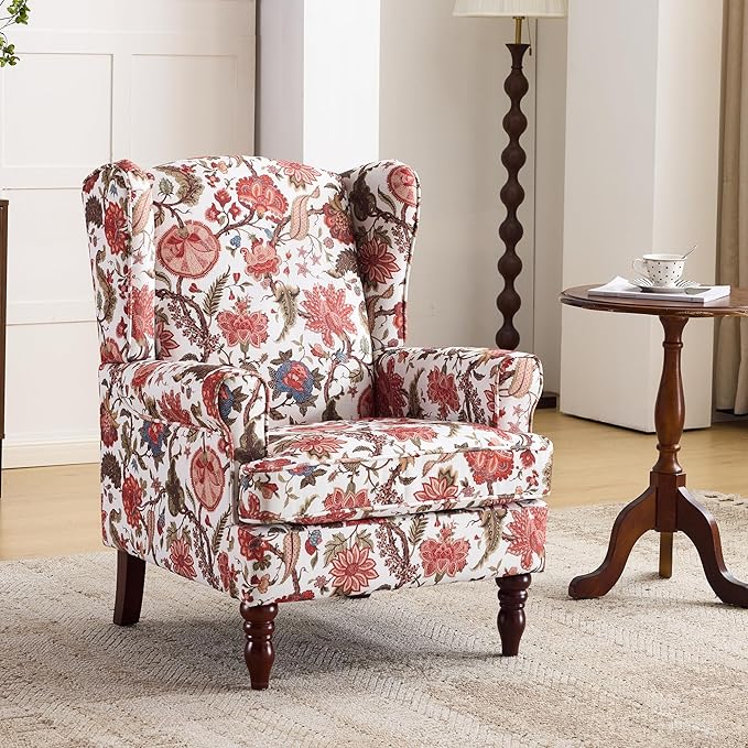EROMMY Floral Accent Chair Comfortable High Back Upholstered Armchair with Solid Wood Legs Leisure Single Sofa Chair for Living Room Bedroom Home Office Red Floral
