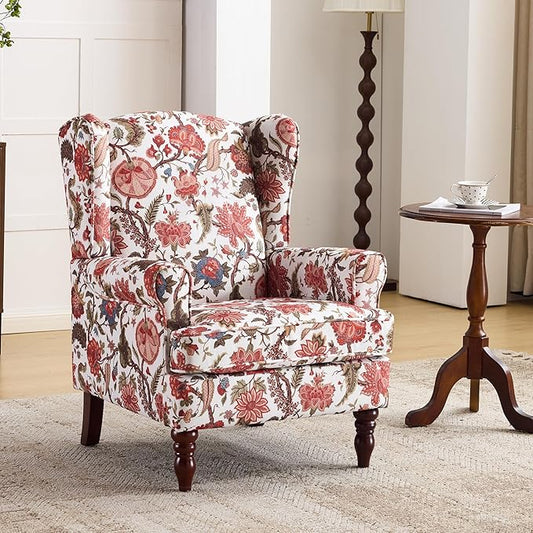 EROMMY Floral Accent Chair Comfortable High Back Upholstered Armchair with Solid Wood Legs Leisure Single Sofa Chair for Living Room Bedroom Home Office Red Floral