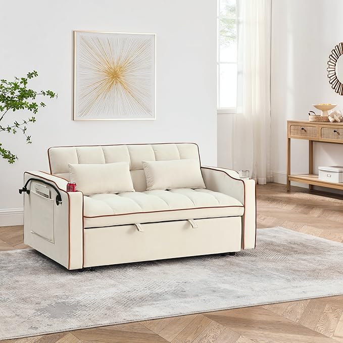 Dreamzie 3 in 1 Convertible Sleeper Sofa Bed Pull Out Couch for Living Room with Swivel Phone Stand Loveseat Sleeper with Side Pocket | Adjustable Backrest | USB Port | Cup Holder(Fabric Beige)