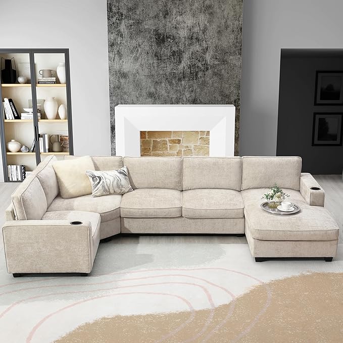 119*67 U Shaped Sectional Sofa6 Seat Chenille Corner Couch Set with Oversized Chaise LoungeIrregular Corner Deep and Wide Seat Comfy Sofa with Cup Holders for Living RoomApartment (Beige-V33)