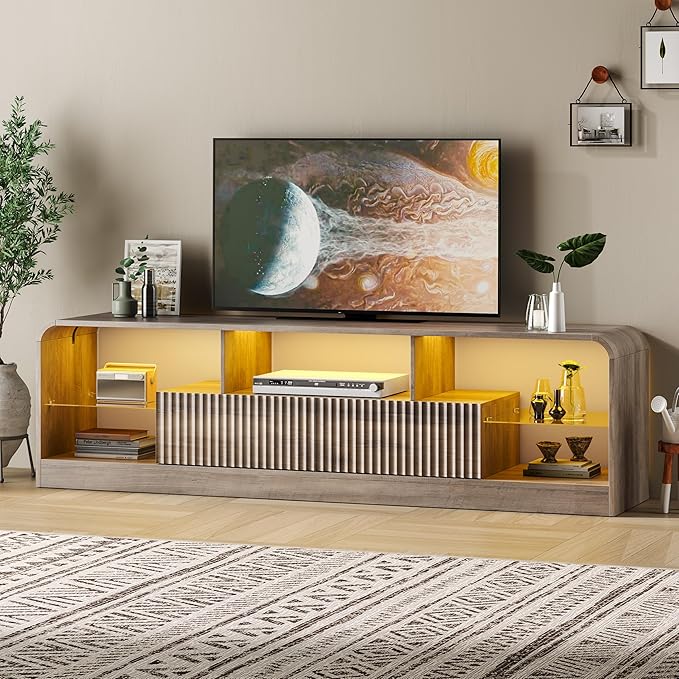 TV Stand for 60/65/70 Inch TVs Modern Curved TV Console with LED Lights 2 Drawers &amp Glass Shelves Living Room Entertainment Center