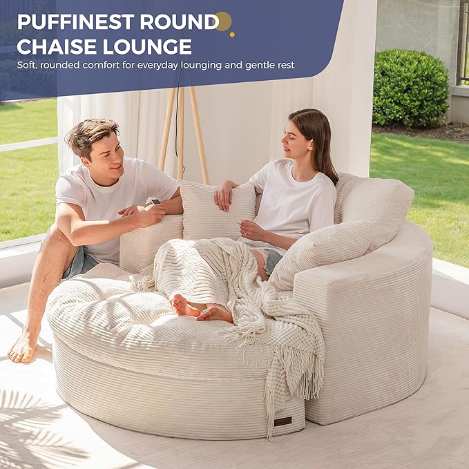 MAXYOYO Modular Sectional Chaise Lounge Sofa 2 Sets Upholstered Lounge Chair with Ottoman Comfy Round+ Square Couch with Layered Cushion Tufted Sleeper Chair for Living Room No Assembly Beige