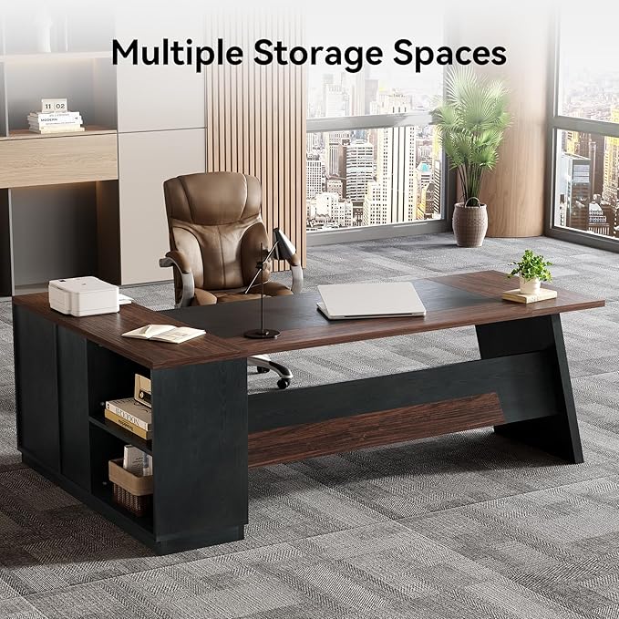 LITTLE TREE 78-Inch Executive Office Desk with File Cabinet Large Modern Corner Office Desk for Home Office 3-Drawer Wood File Cabinet Spacious Workstation for Home Office (Brown &amp Black)