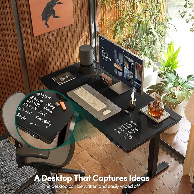 FEZIBO 55 × 24 Electric Standing Desk with Drawers Whole-Piece Glass Adjustable Height Desk One-Piece Quick Install Adjustable Sit Stand Desk Black
