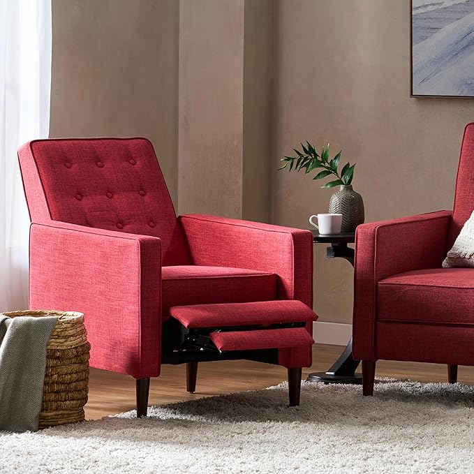 Mid-Century Fabric Rocker Recliner Chair with Tufted Design Adjustable Single Recliner Sofa with Thicker Seat Cushion with Pocket for Living Room Bedroom Apartment (Red Style1)