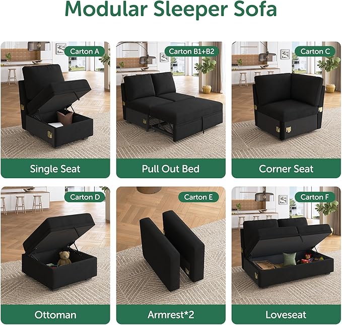 HONBAY Storage Loveseat for Modular Sleeper Sofa with Pull Out Bed Double Seat with Storage for Couch Bed Velvet Black