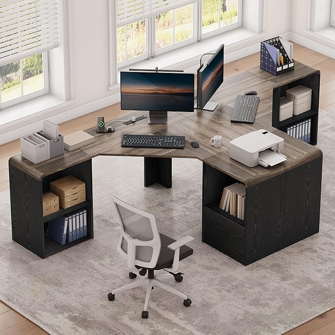 60 L Shaped Desk with File Drawer Modern Corner Computer Desk with Storage L Shape Home Office Desk Executive Desk with Power Outlets Storage Shelves File Cabinet for Working Writing Black