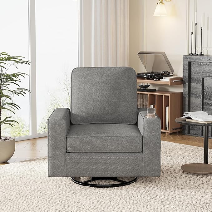 Swivel Square Accent Chair with Wide Armrests360° Rotating Comfy Single Sofa Chairs with USB/Type-CCup Holder &amp Side PocketModern Armchair for Living Room Bedroom Reading Lounge NookLight Grey