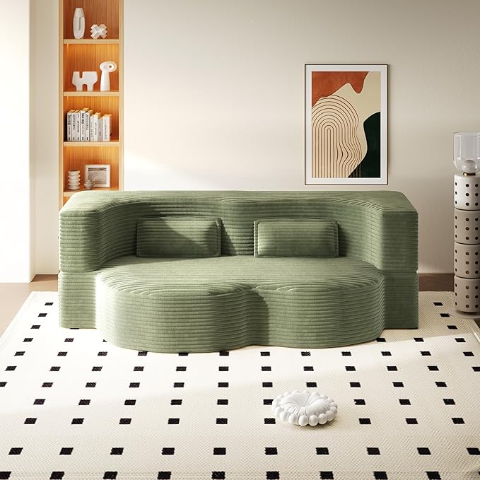 78” Floor Sleeper Sofa Bed Modern 2 in 1 Full Size Foldable Mattress with 2 Pillows Convertible Boneless Couch with Deep Seat for Living Room No Assembly Required (Green &amp Corduroy) | No Assemb