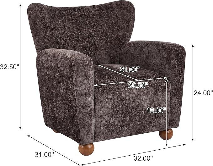 Christopher Knight Home Lindy Wingback Accent Chair Upholstered Armchair with Rounded Wooden Legs Curved Backrest Single Sofa Soft Cushion Seating Comfy Lounge Chair for Living Room Dark Brown