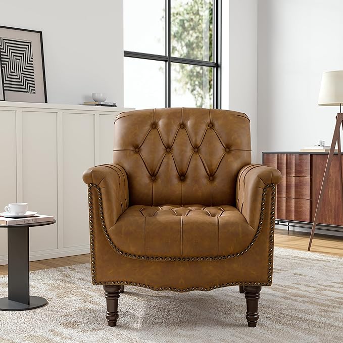 Faux Leather Club Chair Retro Upholstered Armchair Accent Chair with Solid Wood Legs &amp Nailhead Trim for Living Room Bedroom Reading Room Camel