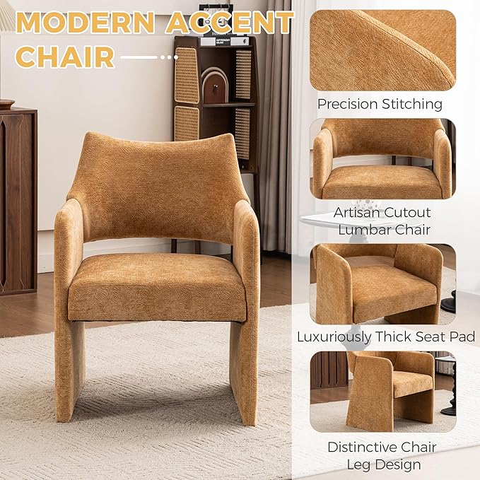 Mid-Century Chenille Accent Chair Geometric Open-Back Upholstered Armchair with Non-Slip Frame Cozy Reading Chair for Home &amp Office (Light Brown)